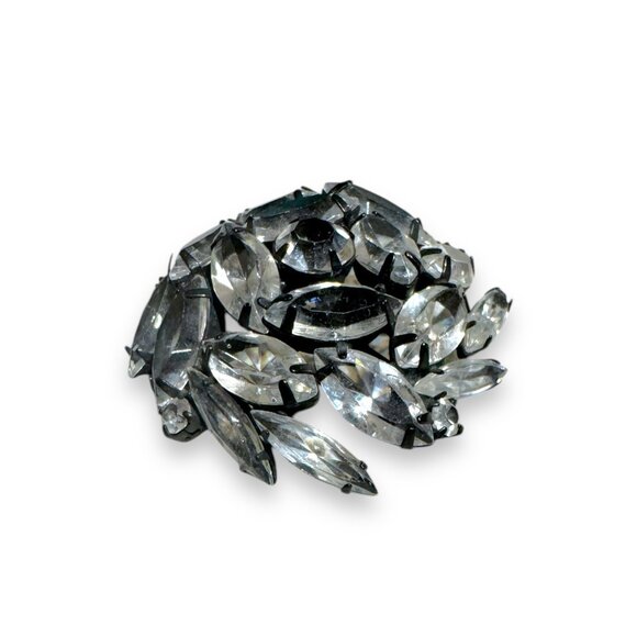 Vintage Japanned Metal Clear Crystal Brooch With Open Back Navette & Chaton Crys - Picture 2 of 10